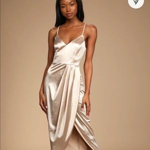 Lulus Reinette Champagne Satin Midi Dress Size XS